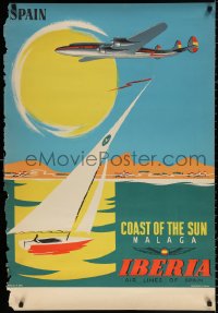 9r218 IBERIA MALAGA 27x39 Spanish travel poster 1950s Lockheed Constellation flying over sailboat!