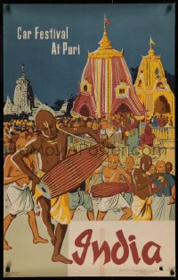 9r220 INDIA 25x40 Indian travel poster 1950s art of Indians participating in the Ratha Yatra!