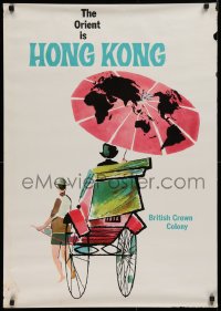 9r224 ORIENT IS HONG KONG 24x34 Hong Kong travel poster 1960s  British Crown Colony, art of rickshaw!