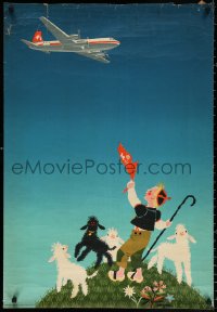 9r231 SWISSAIR 25x36 Swiss travel poster 1954 Brun art of boy and lambs waving to airplane!