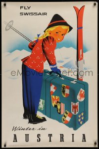 9r232 SWISSAIR AUSTRIA 25x38 Swiss travel poster 1950s art of girl with luggage and ski equipment!