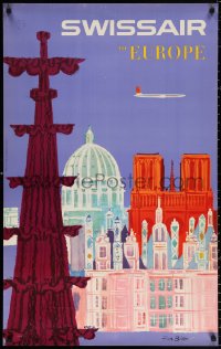 9r233 SWISSAIR EUROPE 25x40 Swiss travel poster 1958 Buhler artwork of several European landmarks!