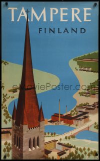 9r234 TAMPERE FINLAND 24x39 Finnish travel poster 1956 Cathedral and smokestacks by Mykkanen!