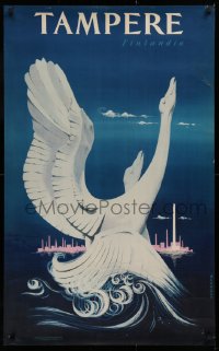 9r235 TAMPERE FINLANDIA 24x39 Finnish travel poster 1956 Turpo Timberg art of whooper swans!