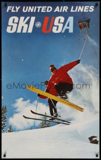 9r238 UNITED AIR LINES SKI USA 25x40 travel poster 1960s wonderful image of skiers in mid-jump!