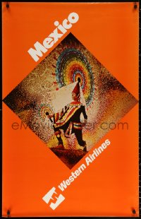 9r240 WESTERN AIRLINES MEXICO 25x39 travel poster 1970s artwork of a man in a colorful outfit!