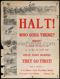9r062 HALT! WHO GOES THERE 30x40 WWI war poster 1910s you'll find Uncle Sam's Marines, ultra-rare!