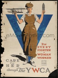 9r066 UNITED WAR WORK CAMPAIGN 30x41 WWI war poster 1918 woman holding ammo & biplane by Triedler!