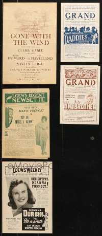 9s245 LOT OF 5 LOCAL THEATER PROGRAMS 1920s-1940s including Gone with the Wind and more!