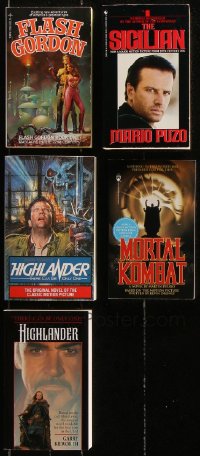 9s277 LOT OF 5 PAPERBACK BOOKS 1980s-1990s Flash Gordon, Highlander, Mortal Kombat, The Sicilian!