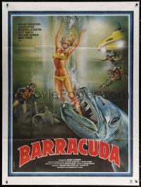 9t556 BARRACUDA French 1p 1979 great Marty art of huge killer fish attacking sexy diver in bikini!