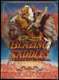 9t571 BLAZING SADDLES French 1p 1975 classic Mel Brooks western, art of Cleavon Little on horse!