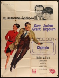 9t590 CHARADE French 1p 1963 full-length art of tough Cary Grant & sexy Audrey Hepburn + photo!