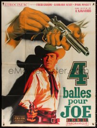 9t663 FOUR BULLETS FOR JOE French 1p 1965 cool art of cowboy holding gun & close up reloading gun!