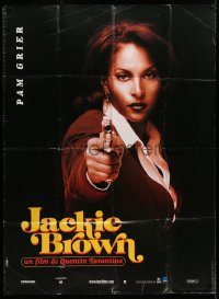 9t721 JACKIE BROWN teaser DS French 1p 1997 Tarantino, great portrait of Pam Grier pointing gun!