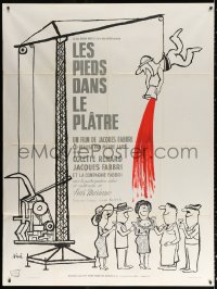 9t763 LES PIEDS DANS LE PLATRE French 1p 1965 Sine art of guy on crane dumping red paint on people!