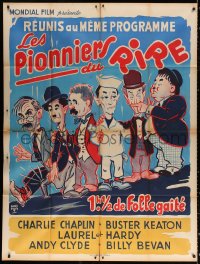 9t849 PIONEERS OF LAUGHTER French 1p 1961 art of Chaplin, Keaton, AND Laurel & Hardy together!