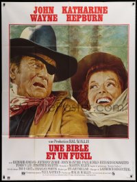 9t880 ROOSTER COGBURN French 1p 1975 great art of John Wayne with eyepatch & Katharine Hepburn!