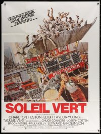 9t913 SOYLENT GREEN French 1p 1974 art of Charlton Heston escaping riot control by John Solie!