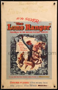 9t086 LONE RANGER WC 1956 cool art of Clayton Moore & Silver leaping out of the poster!