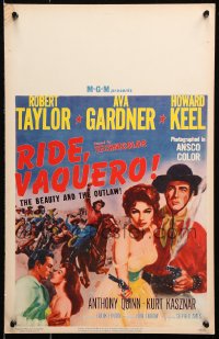 9t135 RIDE, VAQUERO WC 1953 artwork of outlaw Robert Taylor w/smoking gun & beauty Ava Gardner!