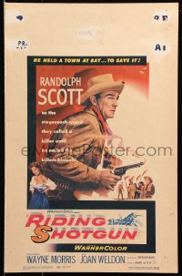 9t136 RIDING SHOTGUN WC 1954 great image of cowboy Randolph Scott with smoking gun!