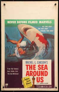 9t163 SEA AROUND US WC 1953 Rachel Carson, cool art of scuba diver stabbing shark underwater!