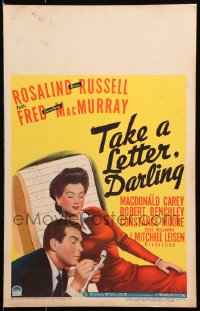 9t220 TAKE A LETTER DARLING WC 1942 Fred MacMurray is a secretary to boss Rosalind Russell!