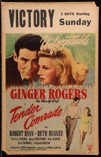 9t227 TENDER COMRADE WC 1944 romantic c/u of pretty Chin-Up Girl Ginger Rogers & Robert Ryan!