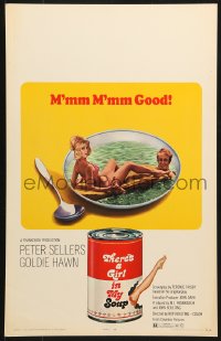 9t230 THERE'S A GIRL IN MY SOUP WC 1971 Peter Sellers & Goldie Hawn, great Campbells soup can art!