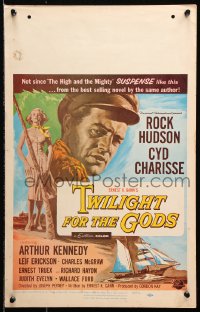 9t241 TWILIGHT FOR THE GODS WC 1958 great artwork of Rock Hudson & sexy Cyd Charisse on beach!