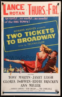 9t243 TWO TICKETS TO BROADWAY WC 1951 great artwork of Janet Leigh & Tony Martin, Howard Hughes!