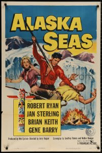 9w069 ALASKA SEAS 1sh 1954 cool art of Robert Ryan attacking man with harpoon!