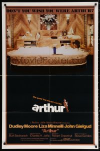 9w095 ARTHUR int'l 1sh 1981 image of drunken Dudley Moore in huge bath tub w/martini!