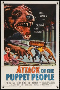 9w100 ATTACK OF THE PUPPET PEOPLE 1sh 1958 Brown art of tiny people with knife attacking dog!