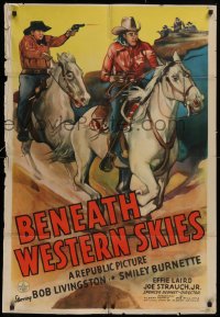 9w137 BENEATH WESTERN SKIES 1sh 1944 art of Bob Livingston & Smiley Burnette in gunfight!