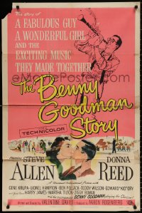 9w139 BENNY GOODMAN STORY 1sh 1956 Steve Allen as Goodman, Donna Reed, Gene Krupa, Brown art!