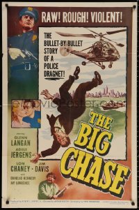 9w142 BIG CHASE 1sh 1954 art of Glenn Langan falling from helicopter, plus crazed Lon Chaney Jr!