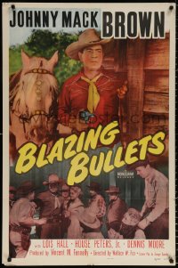 9w164 BLAZING BULLETS 1sh 1951 cowboy Johnny Mack Brown, House Peters Jr, western action!