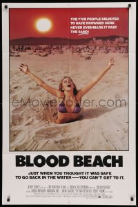 9w171 BLOOD BEACH 1sh 1981 Jaws parody tagline, image of sexy girl in bikini sinking in sand!