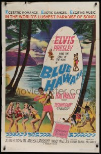 9w177 BLUE HAWAII 1sh 1961 Elvis Presley plays a ukulele for sexy ladies on the beach!