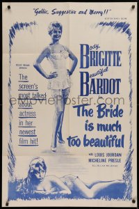 9w189 BRIDE IS MUCH TOO BEAUTIFUL 1sh 1958 sexy barely-dressed Brigitte Bardot in lingerie!