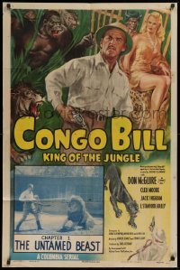 9w262 CONGO BILL chapter 1 1sh 1948 Don McGuire, sexy Cleo Moore, The Untamed Beast!