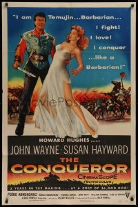 9w263 CONQUEROR 1sh 1956 barbarian John Wayne grabs half-dressed sexy Susan Hayward!