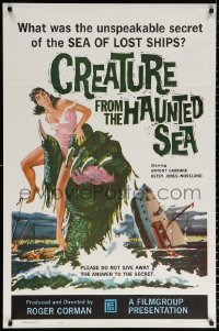 9w270 CREATURE FROM THE HAUNTED SEA 1sh 1961 great art of monster's hand in sea grabbing sexy girl!