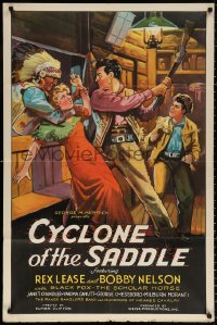 9w277 CYCLONE OF THE SADDLE 1sh 1935 stone litho art of Rex Lease saving girl from Indian, rare!
