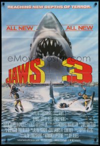 9w018 JAWS 3-D English 1sh 1983 great Gary Meyer shark artwork, the third dimension is terror!