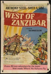 9w037 WEST OF ZANZIBAR English 1sh 1954 Anthony Steel, Sheila Sim, safari adventure, elephants!