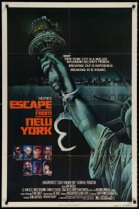 9w344 ESCAPE FROM NEW YORK advance 1sh 1981 Carpenter, art of handcuffed Lady Liberty by Stan Watts!