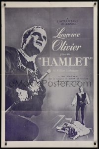 9w442 HAMLET 1sh R1950s Laurence Olivier stands before the King, Queen & Jean Simmons!
